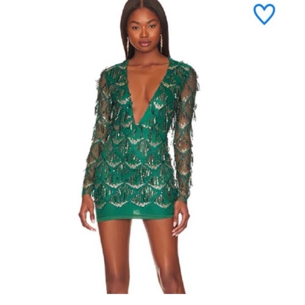 Superdown Deep V-Neck Green Sequin Dress